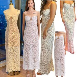 🆕 SELF-PORTRAIT 🧿 NWOT Crystal Trimmed White Fine Lace Maxi Dress, Sz US8 UK12